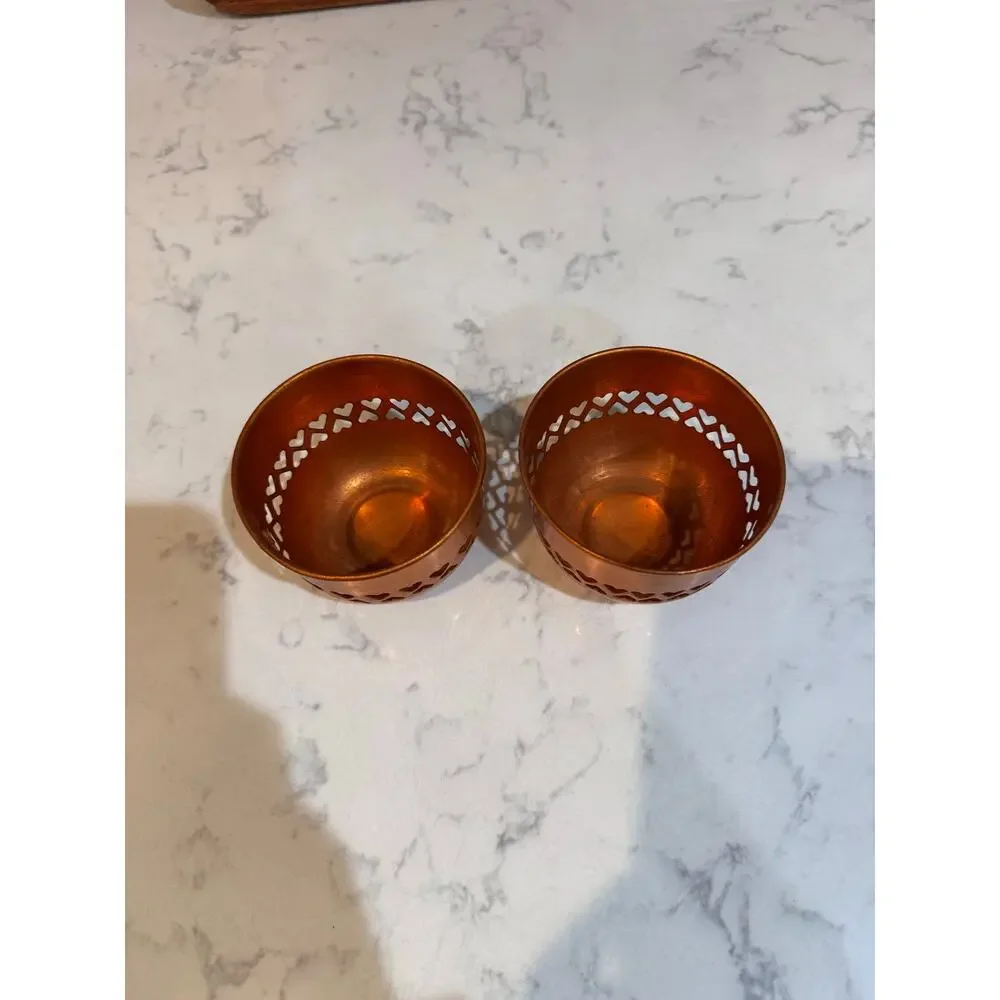 Pair of polished copper-heart cutout border 90s tea light candle holders Vintage